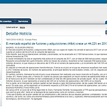 El mercado espaol de fusiones y adquisiciones (M&A) crece un 44,22% en 2017, hasta 113.090 millones